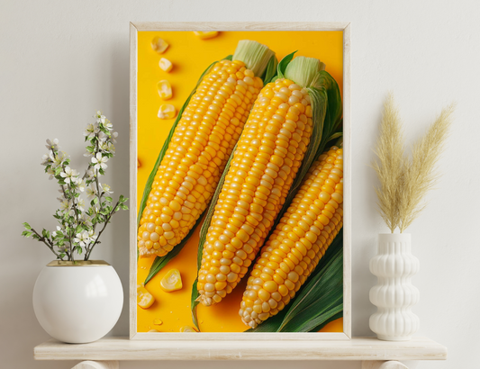 Ripe yellow corn on the cob with green husks against a bright yellow background; several corn kernels scattered around.

