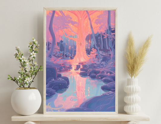 A vibrant and enchanting fantasy forest scene, with glowing orange archways formed by twisted tree trunks and branches illuminating a serene pond reflecting the ethereal lights, creating a mesmerizing and otherworldly atmosphere.
