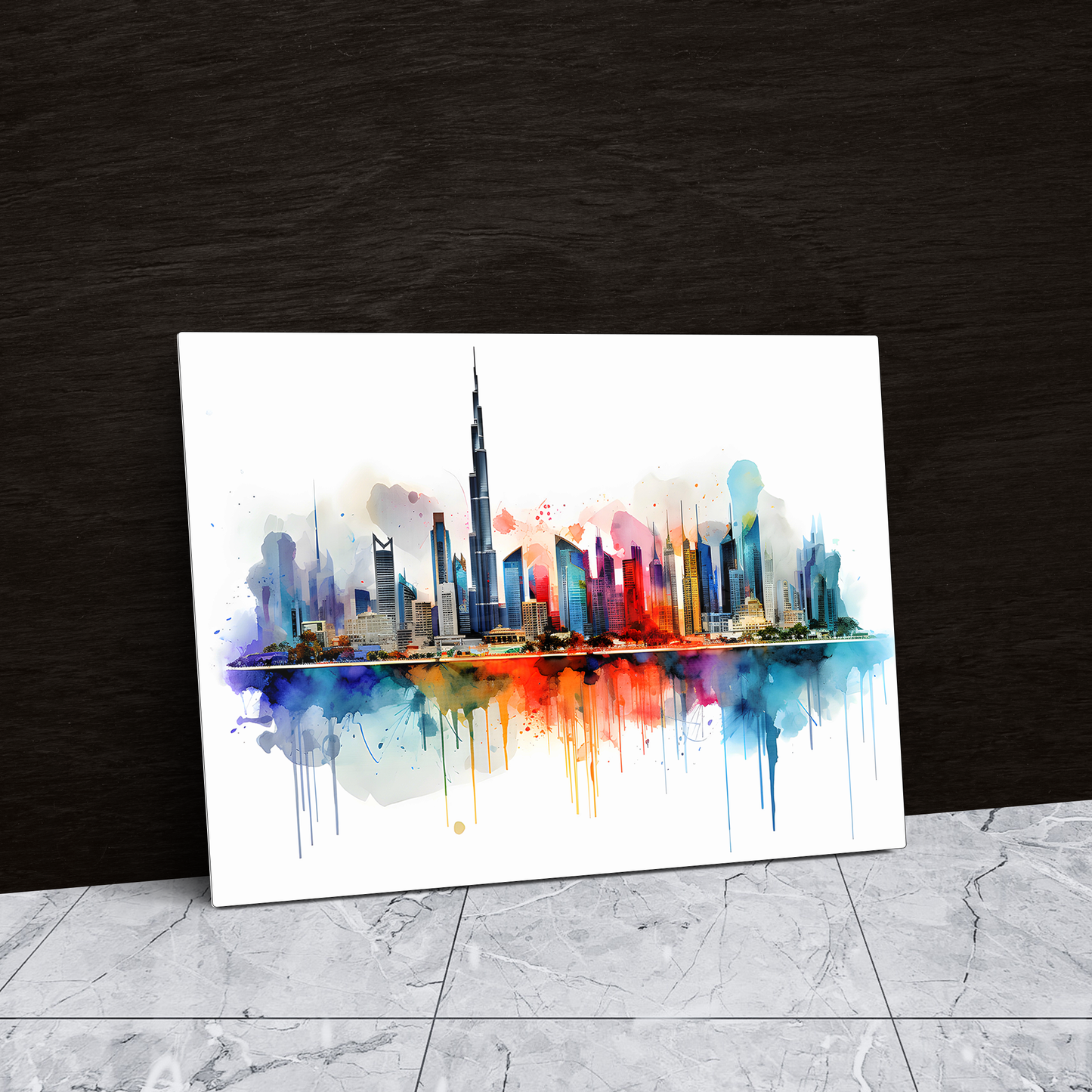 Watercolor Dubai Skyline (Acrylic)Make a statement with Watercolor Dubai Skyline acrylic prints. The 1⁄4" acrylic panel exudes the illusion of a smooth glass surface for vibrant artwork. Pre-installeRimaGallery