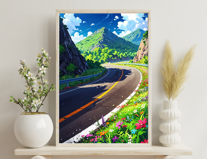 A winding mountain road surrounded by lush green valleys, towering snow-capped peaks, vibrant wildflowers, and a bright blue cloudy sky, creating a picturesque natural landscape scene.

