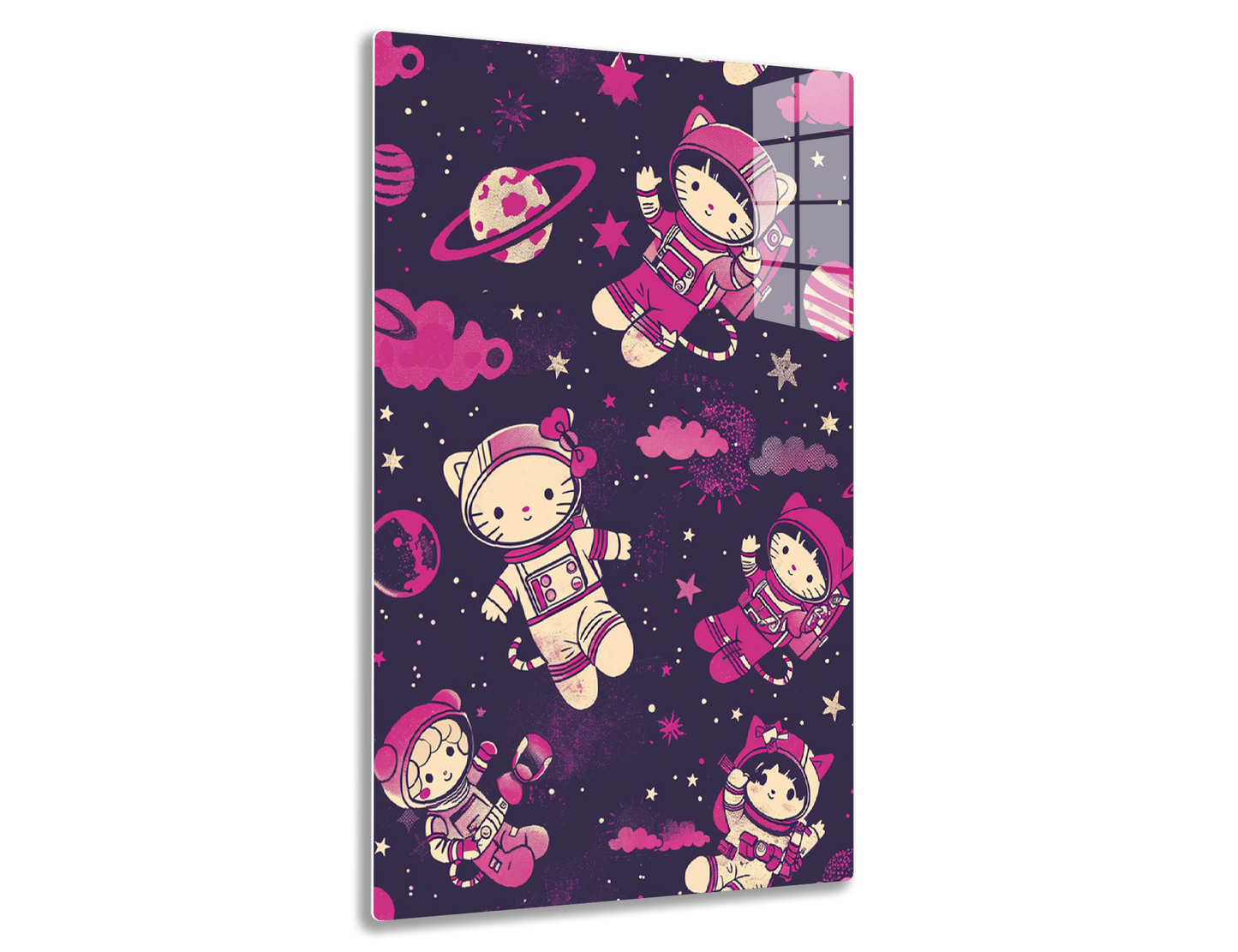Cat astronauts floating in space with planets, stars, and clouds in shades of pink and purple - a whimsical, stylized illustration.
