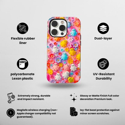 Ghoulish Garden (iPhone MagSafe Case)Elevate your iPhone's protection and style with RimaGallery's Playful ghost characters amidst a floral backdrop on a bright MagSafe Case against a dark backdrop. EnjRimaGallery