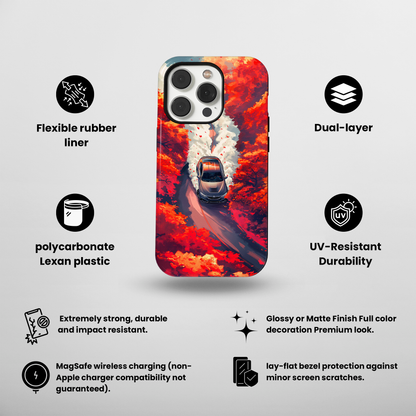 Autumn Drive (iPhone MagSafe Case)Elevate your iPhone's protection and style with RimaGallery's A car journey through a fiery autumnal forest on iphone MagSafe Case against a dark backdrop. Enjoy duaRimaGallery