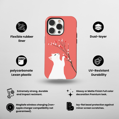 Floral Feline (iPhone MagSafe Case)Elevate your iPhone's protection and style with RimaGallery's Playful cat interacting with delicate flowers on a coral on iphone MagSafe Case against a dark backdropRimaGallery