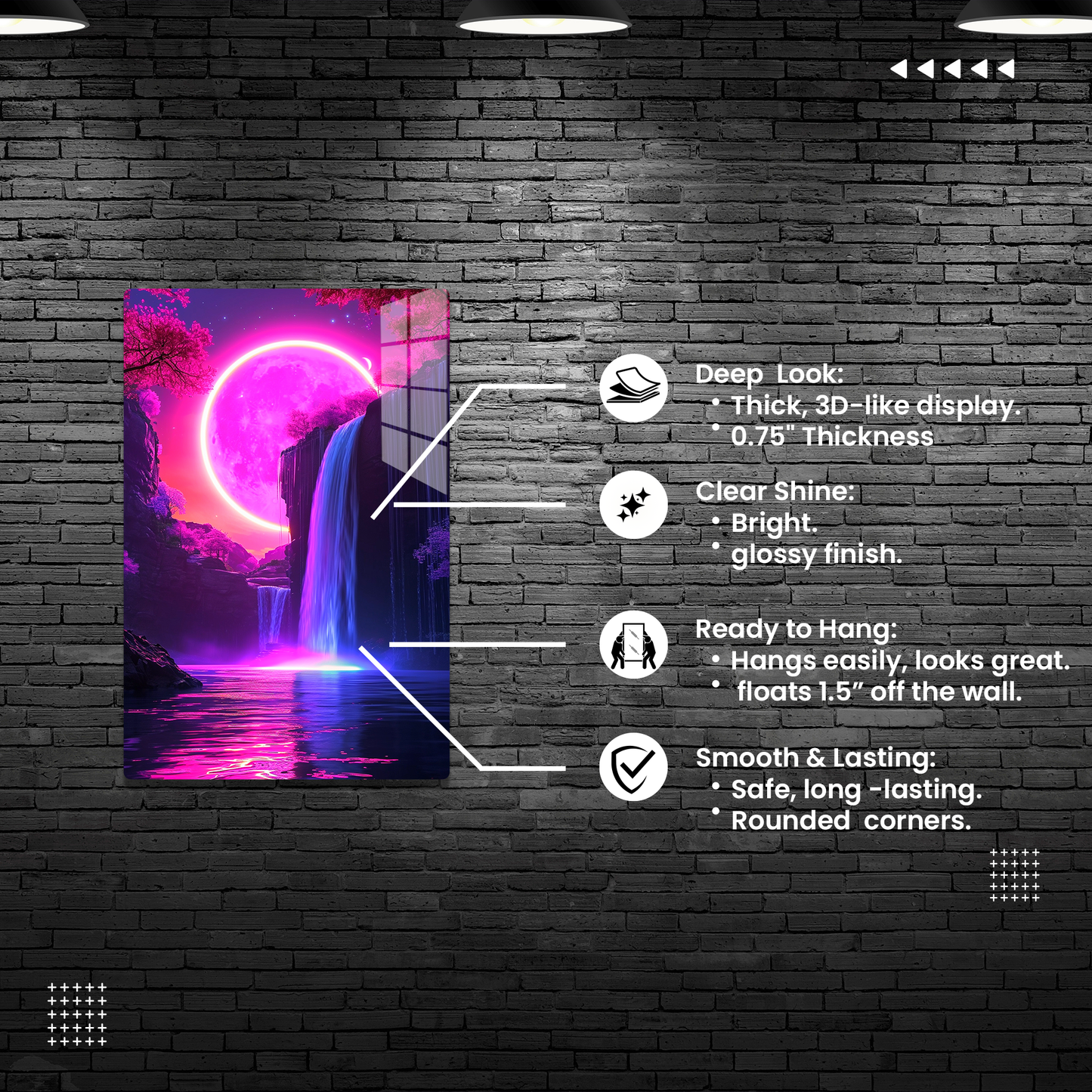 Magenta Moonfall (Acrylic)Make a statement with Magenta Moonfall acrylic prints. The 1⁄4" acrylic panel exudes the illusion of a smooth glass surface for vibrant artwork. Pre-installed hanginRimaGallery