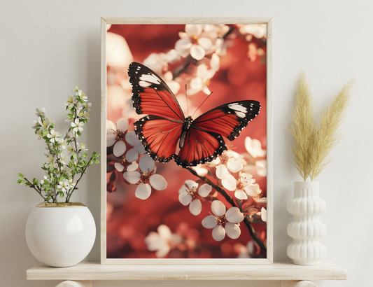 A vibrant red monarch butterfly with black spots and veins rests on white spring blossoms against a soft red bokeh background.
