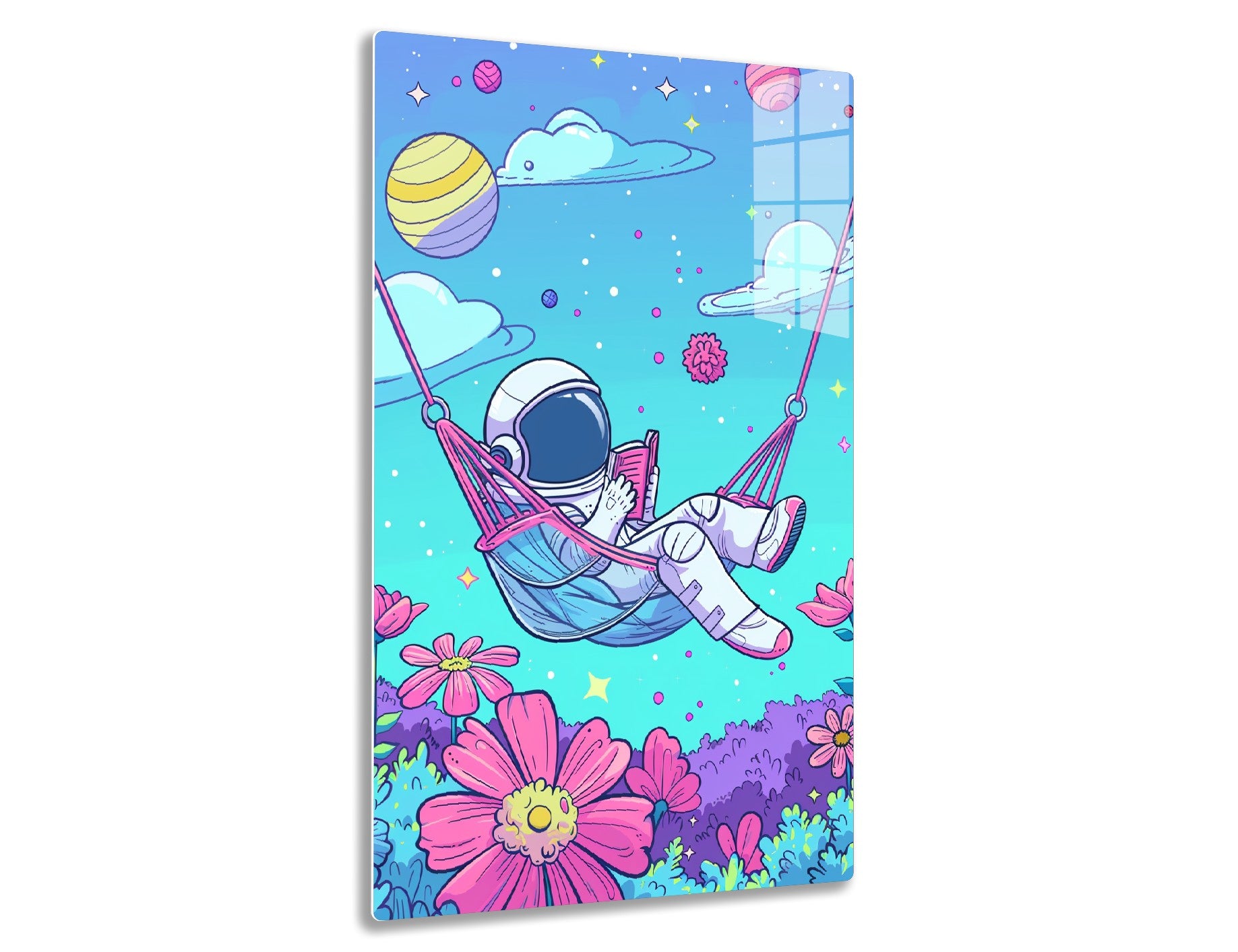 An astronaut relaxes in a hammock admiring colorful planets and stars while surrounded by vibrant flowers on a whimsical alien landscape.

