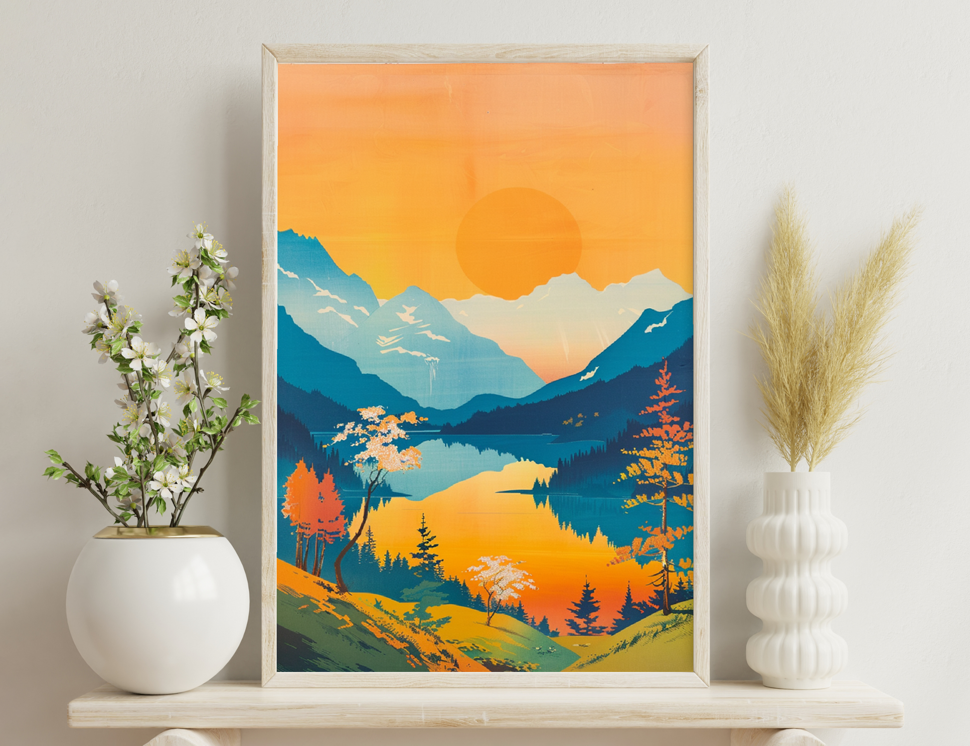 A stunning landscape illustration depicting a serene mountain lake at sunset. The vibrant orange sun is reflected in the still waters, surrounded by snow-capped peaks, evergreen trees, and autumnal foliage in warm hues.
