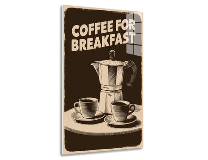 Coffee pot and two cups on saucers with the text "Coffee for Breakfast" in a vintage advertising style illustration.
