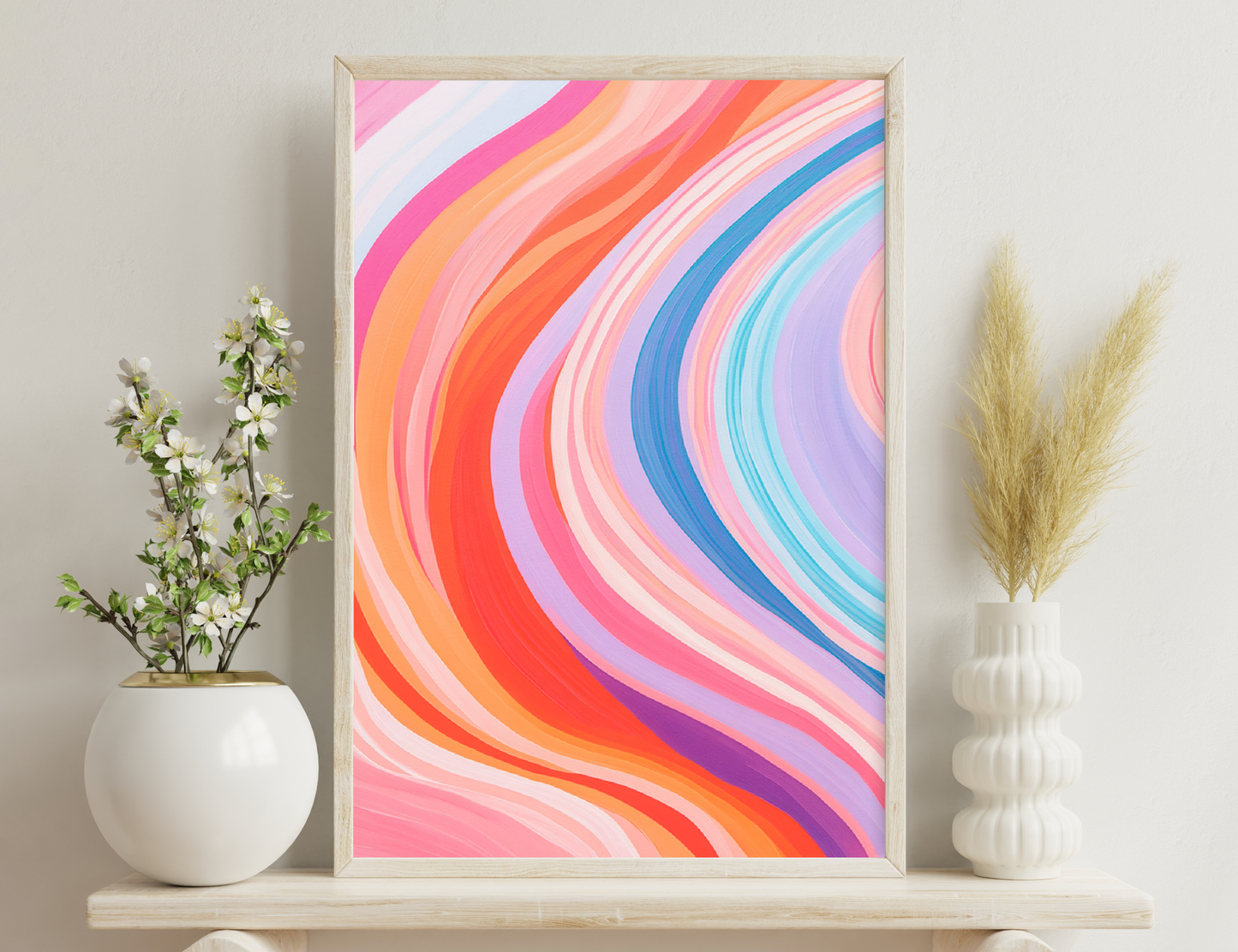 Colorful abstract swirling lines in warm hues of pink, orange, red and cool tones of blue, purple forming a vibrant fluid pattern.
