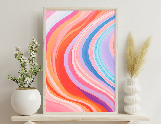 Colorful abstract swirling lines in warm hues of pink, orange, red and cool tones of blue, purple forming a vibrant fluid pattern.
