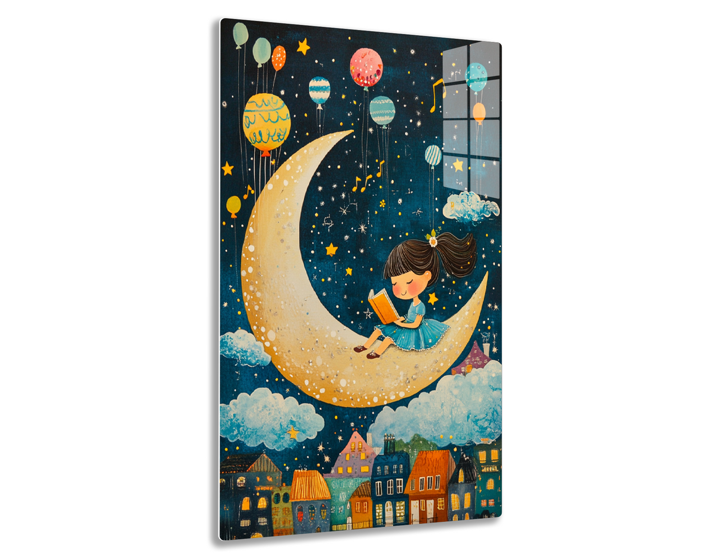 A whimsical illustration depicting a young girl reading a book while sitting on a crescent moon, surrounded by floating balloons, musical notes, stars, and a village below in a night sky.
