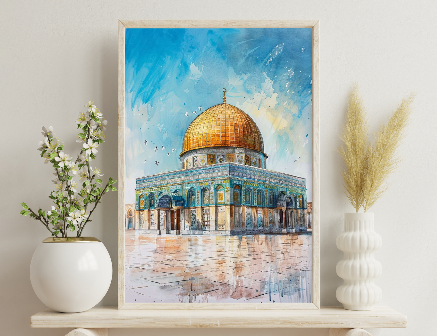The Dome of the Rock in Jerusalem, a famous Islamic shrine with a golden dome and intricate blue and gold tilework, depicted through a colorful and expressive artistic representation.
