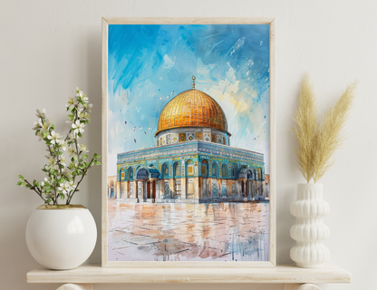 The Dome of the Rock in Jerusalem, a famous Islamic shrine with a golden dome and intricate blue and gold tilework, depicted through a colorful and expressive artistic representation.
