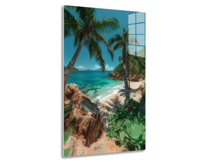 Stunning tropical beach with turquoise waters, palm trees casting shadows on sandy shore, rocky outcrops covered in lush greenery under clear blue sky.
