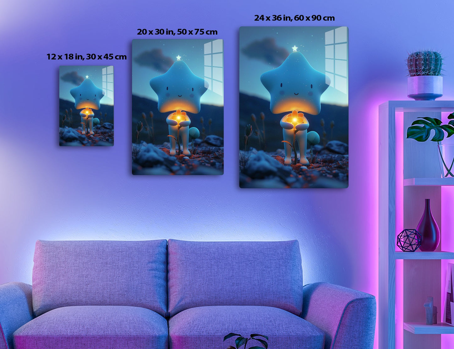 A glowing blue star-like creature with a smiling face stands in a snowy forest scenery at night, illuminating an orange bioluminescent mushroom in front of it amidst the dark surroundings.
