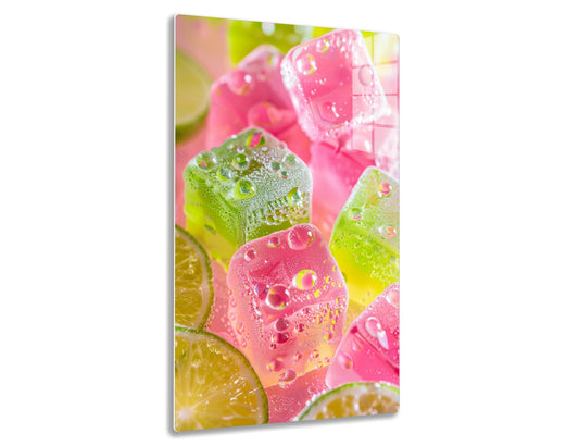 Colorful gummy candy pieces with water droplets, displaying vibrant pink, green and yellow translucent hues with a sparkling sugary coating.
