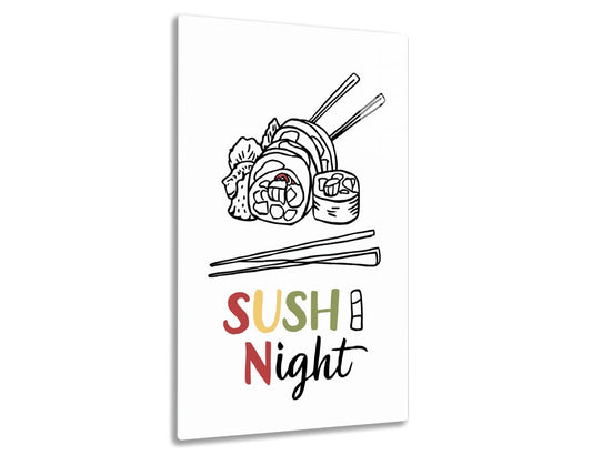 Illustration of sushi rolls, chopsticks, and text "Sushi Night" in colorful lettering, depicting a Japanese cuisine theme.
