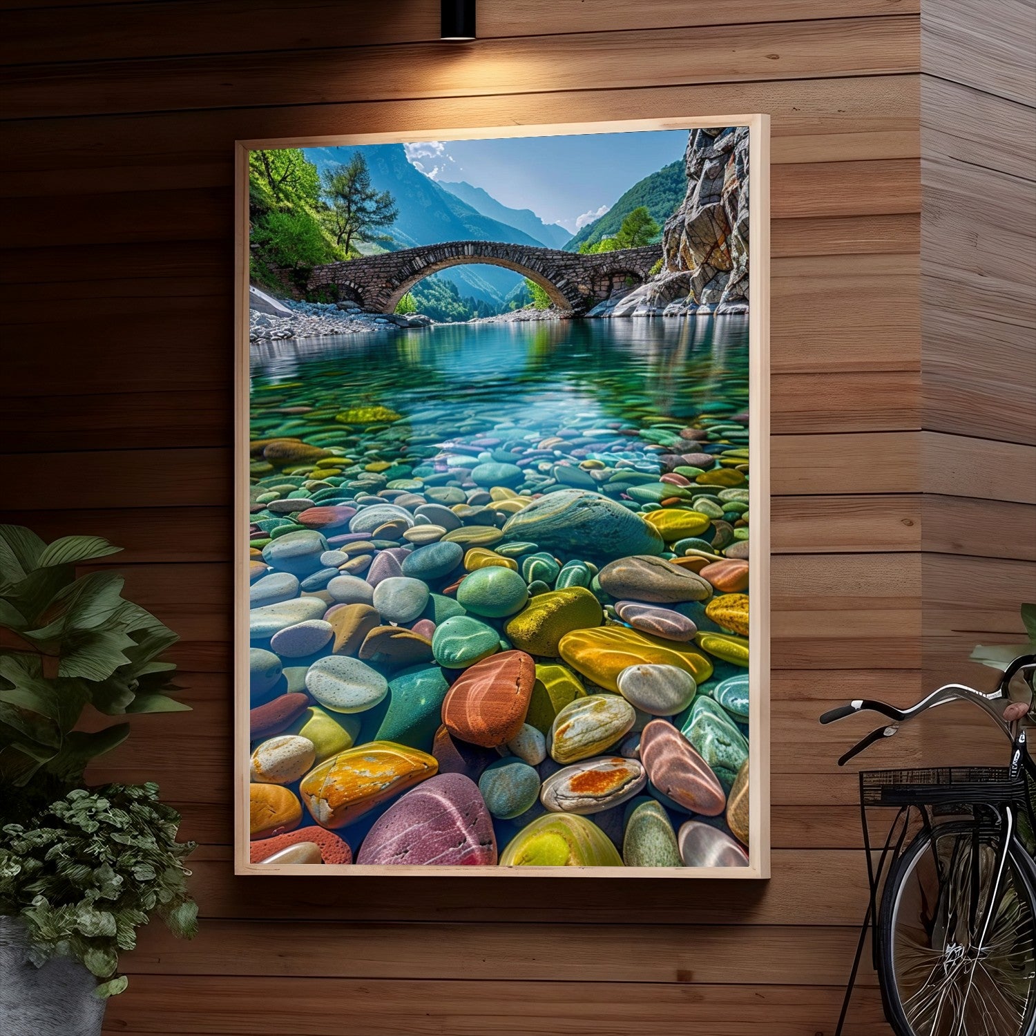 A stone bridge arches over a calm, crystal-clear river surrounded by lush green mountains. The river bed is filled with smooth, colorful rocks of varying shapes and hues, creating a stunning natural mosaic.
