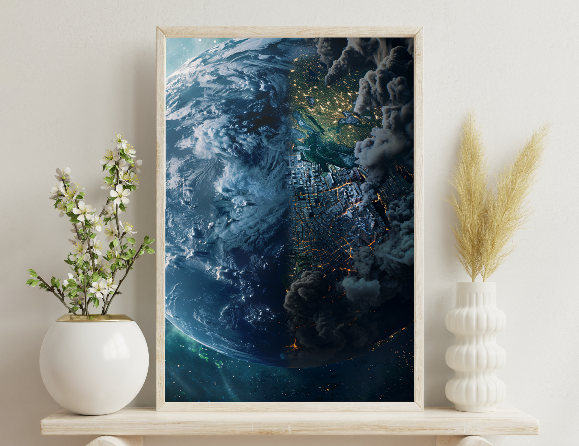 A surreal image depicting a city with glowing lights engulfed by swirling storm clouds and atmospheric distortions on a planetary scale, creating an apocalyptic and otherworldly scene.

