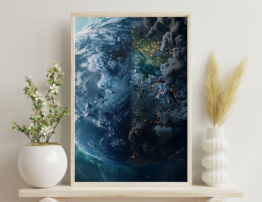 A surreal image depicting a city with glowing lights engulfed by swirling storm clouds and atmospheric distortions on a planetary scale, creating an apocalyptic and otherworldly scene.
