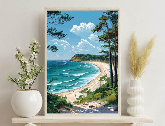 A scenic view of a beach with tall pine trees in the foreground, a sandy shoreline, crashing turquoise waves, a rocky cliff face, and billowing white clouds in a bright blue sky.
