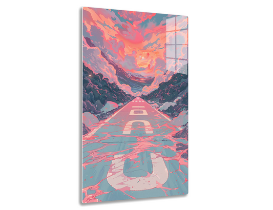 A surreal landscape painting depicts a pyramid-shaped structure surrounded by vibrant pink and orange clouds, reflecting in a pool of water on the geometric stone path leading towards it.

