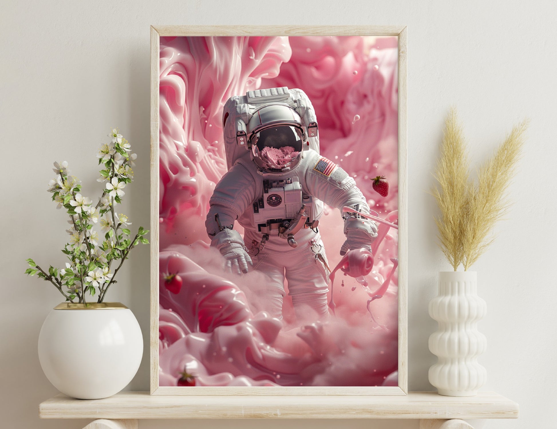 An astronaut floating in a surreal, pink strawberry-filled environment, with swirling clouds and berries suspended around them, creating a dreamlike and imaginative scene.

