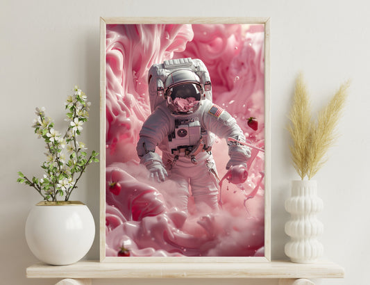 An astronaut floating in a surreal, pink strawberry-filled environment, with swirling clouds and berries suspended around them, creating a dreamlike and imaginative scene.

