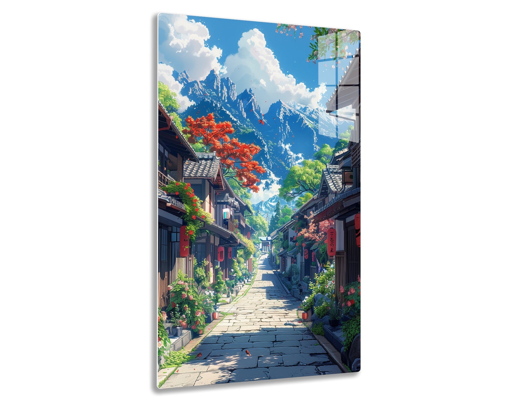 A serene mountain village path lined with traditional Japanese houses and vibrant blooming trees framed by majestic snow-capped peaks against a blue sky.
