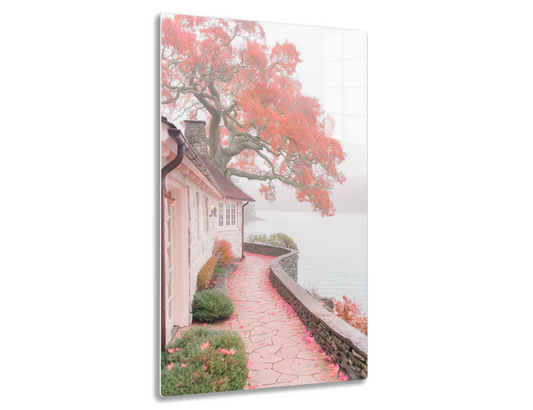 A winding pathway flanked by a stone wall leads to a small pink cottage nestled under a vibrant red tree in full autumn bloom, creating a serene and picturesque scene.
