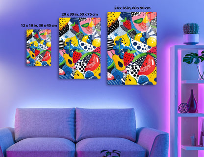 A colorful abstract illustration with stylized fruits like strawberries, blueberries and citrus fruits in bold patterns of dots, stripes and shapes on a bright background with vibrant hues of yellow, red, blue and pink.
