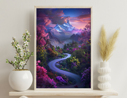 A breathtaking fantasy landscape with majestic snow-capped mountains, vibrant pink and purple foliage, and a winding road leading through a lush, colorful valley under a dramatic sunset sky with soaring birds.
