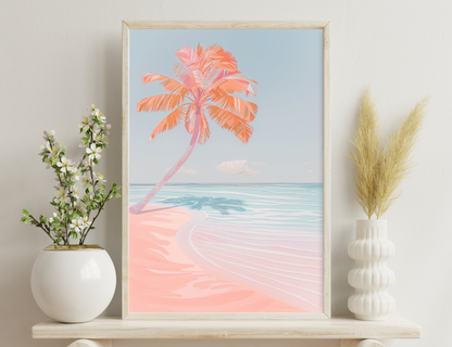 A tropical beach scene with a tall palm tree in shades of peach and pink, casting its reflection on the sandy shore and turquoise waters of the calm ocean under a cloudy sky.
