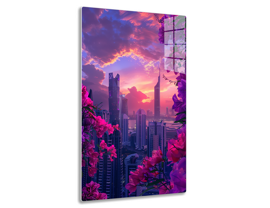A vibrant cityscape at sunset, with towering skyscrapers silhouetted against a dramatic purple and orange sky, framed by branches bearing bright pink blossoms in the foreground.
