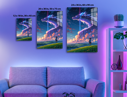 A colossal, luminescent dragon soars amidst vibrant clouds and a beam of energy, witnessed by a small figure standing in an idyllic landscape below.
