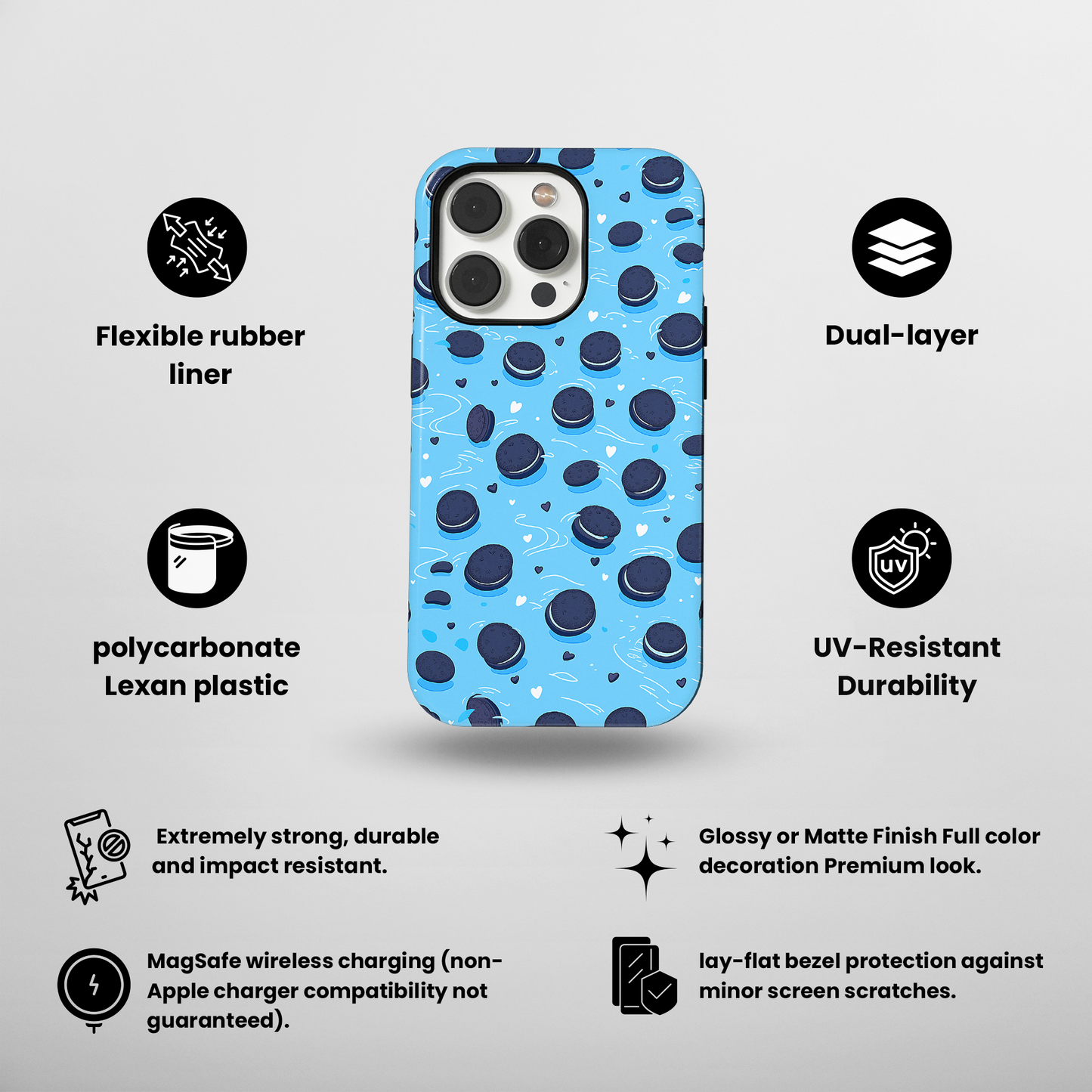 Sweet Whirls (iPhone MagSafe Case)Elevate your iPhone's protection and style with RimaGallery's Cookie pattern with heart accents on a blue iphone MagSafe Case against a dark backdrop. Enjoy dual-layRimaGallery