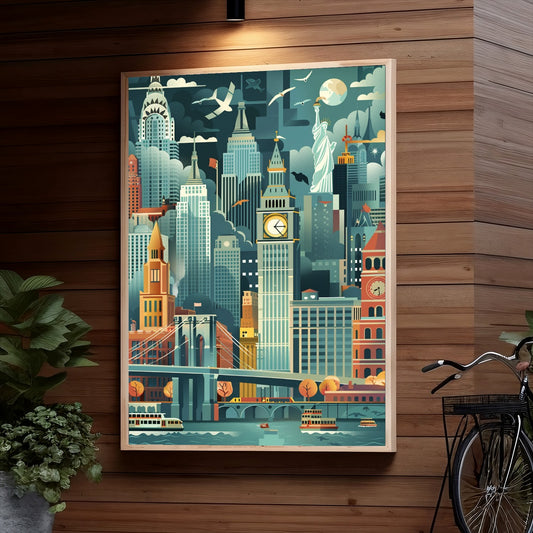 A stylized illustration of a city skyline with iconic landmarks like the Statue of Liberty, skyscrapers, bridges, and public transportation against a night sky with a full moon and birds in flight.
