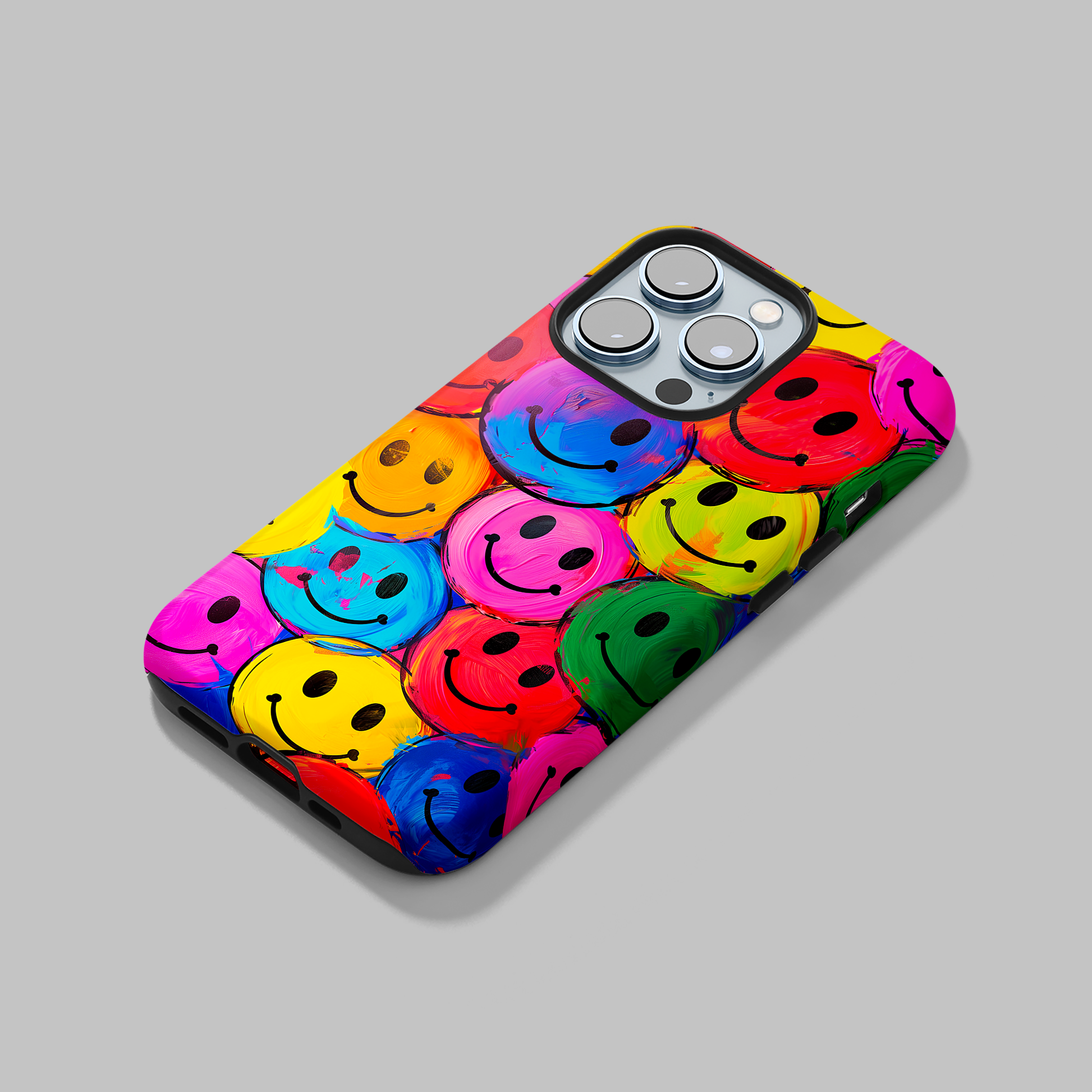 Colorful Smiley Face (iPhone MagSafe Case)Elevate your iPhone's protection and style with RimaGallery's Colorful smiley face on iphone MagSafe Case against a dark backdrop. Enjoy dual-layer defense, vibrant RimaGallery