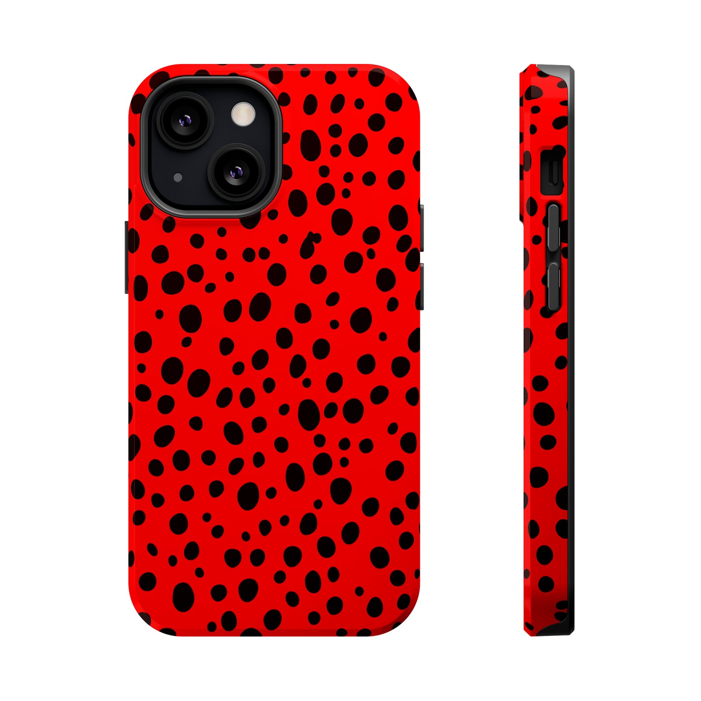 Dotted Delight - Red (iPhone MagSafe Case)Elevate your iPhone's style with the Red backdrop with varied black dots MagSafe Case, offering robust protection, MagSafe compatibility, and a choice of matte or glRimaGallery