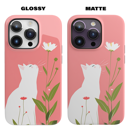 Blossom Gazer (iPhone MagSafe Case)Elevate your iPhone's protection and style with RimaGallery's A serene white cat admiring spring blossoms on a pastel pink on iphone MagSafe Case against a dark backRimaGallery