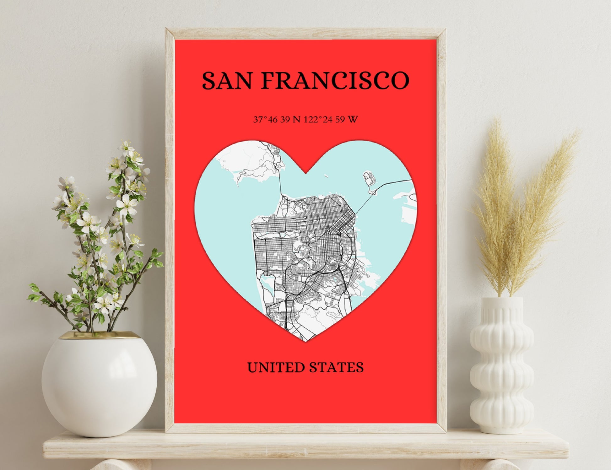 San Francisco city map in the shape of a heart on a red background, with coordinates at the top and "UNITED STATES" text at the bottom.
