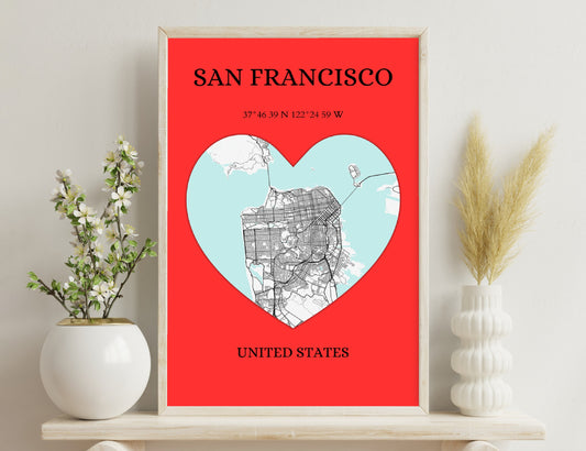 San Francisco city map in the shape of a heart on a red background, with coordinates at the top and "UNITED STATES" text at the bottom.
