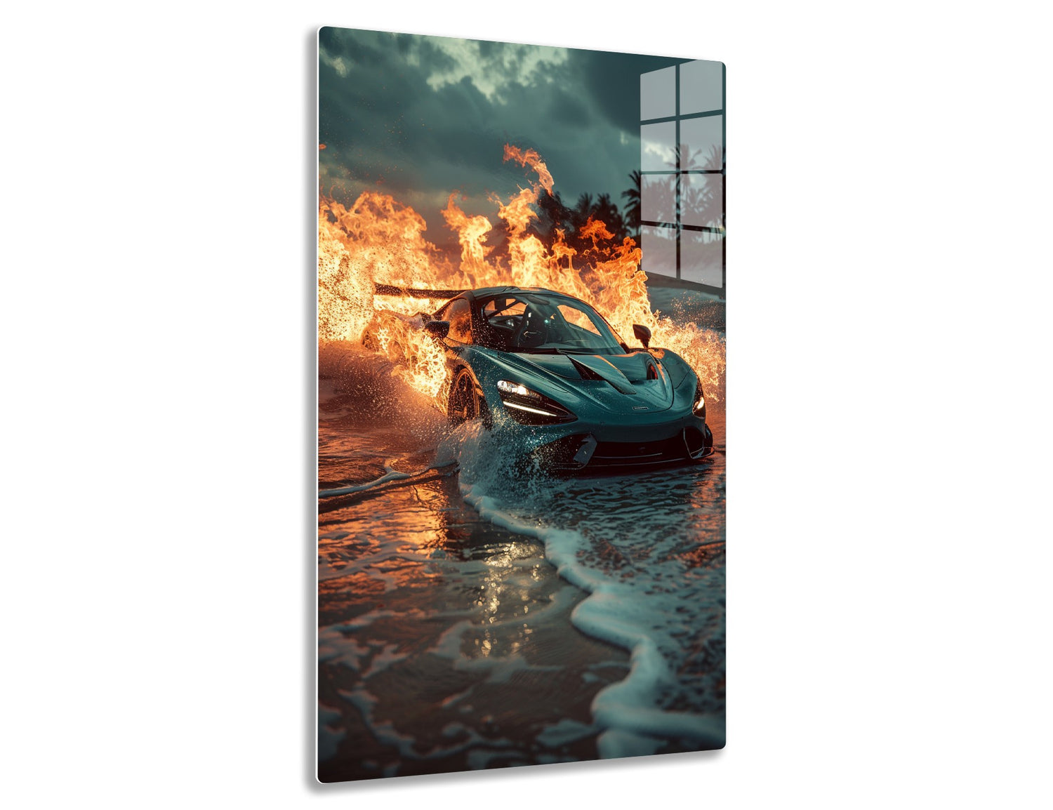 A high-performance sports car speeding through water, surrounded by intense flames and dramatic lighting, creating a spectacular and action-packed scene.
