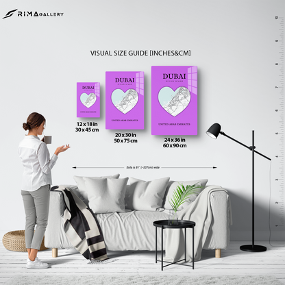 Dubai Heartbeat - Purple (Acrylic)Step into the universe with Vibrant purple Dubai souvenir featuring a heart and map. Acrylic art from RimaGallery. Experience the cosmos in your home with vibrant, eRimaGallery