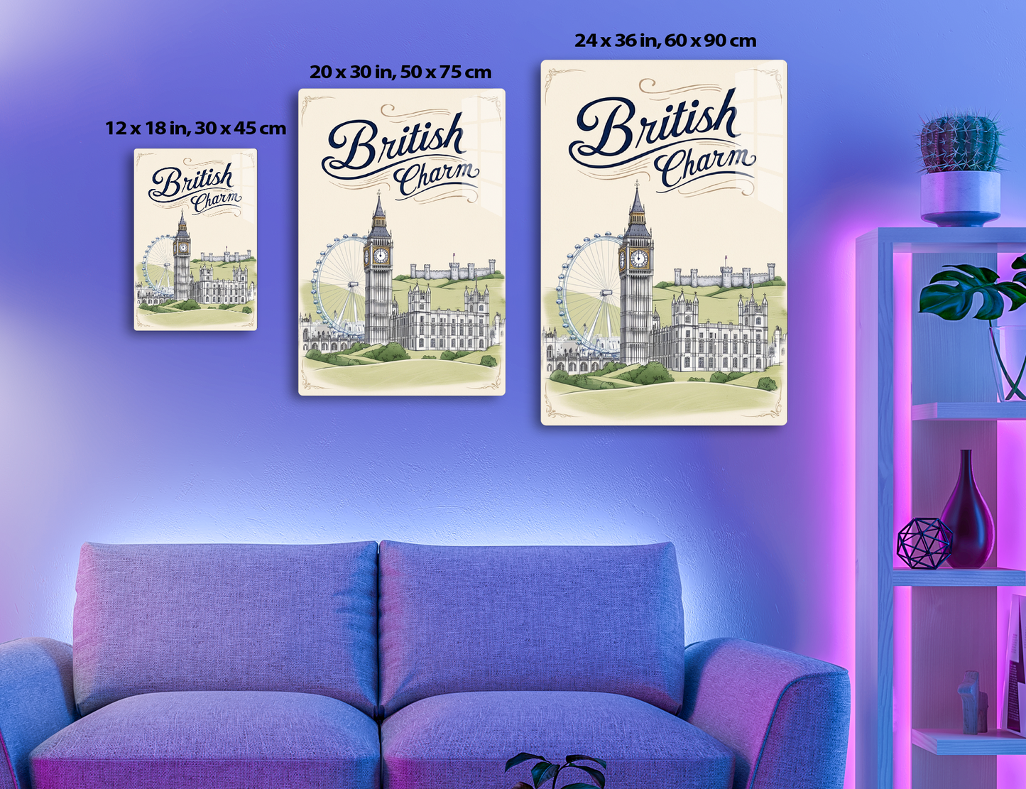 British Charm poster featuring iconic London landmarks like Big Ben clock tower, the London Eye Ferris wheel, and traditional architecture against floral borders.
