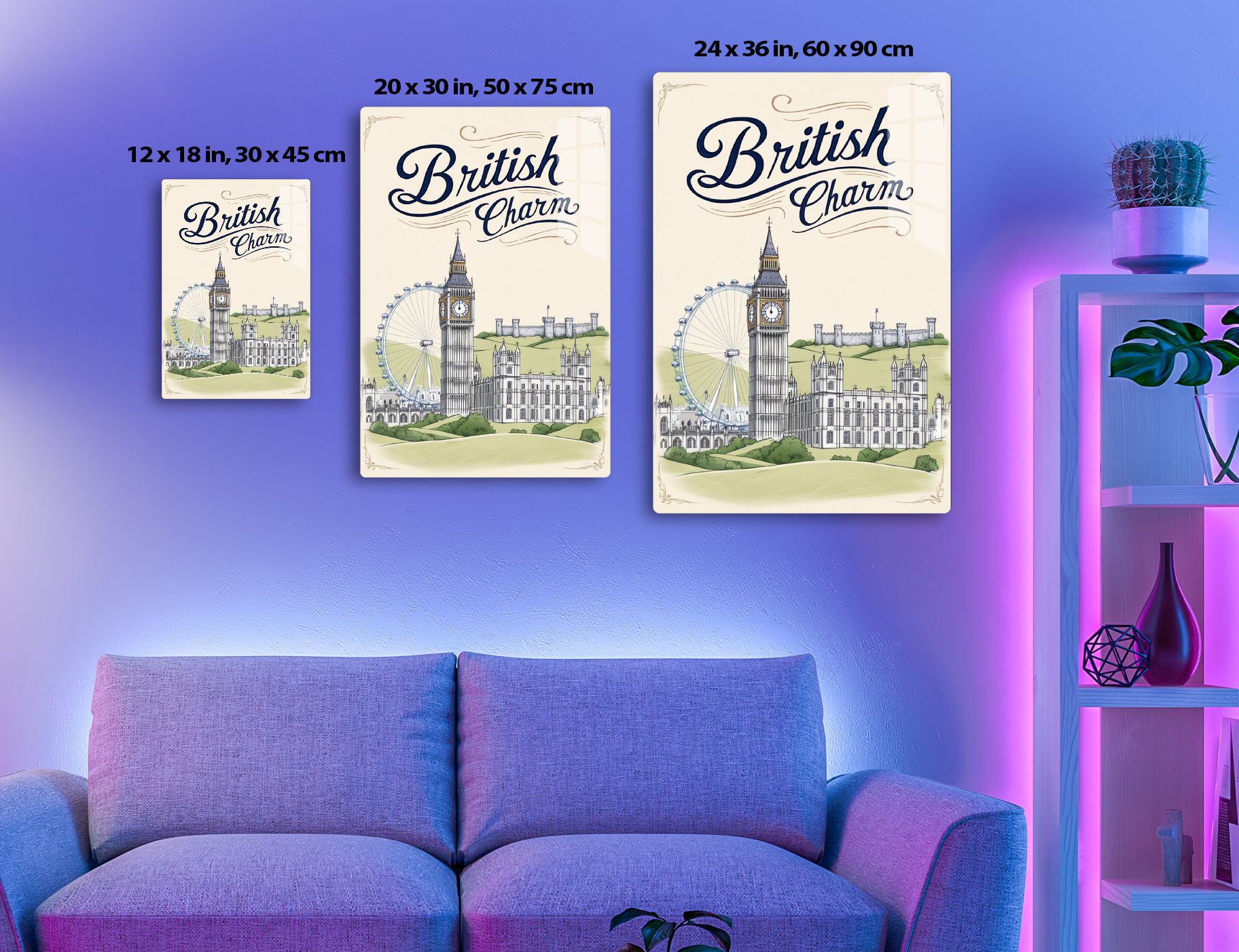 British Charm poster featuring iconic London landmarks like Big Ben clock tower, the London Eye Ferris wheel, and traditional architecture against floral borders.
