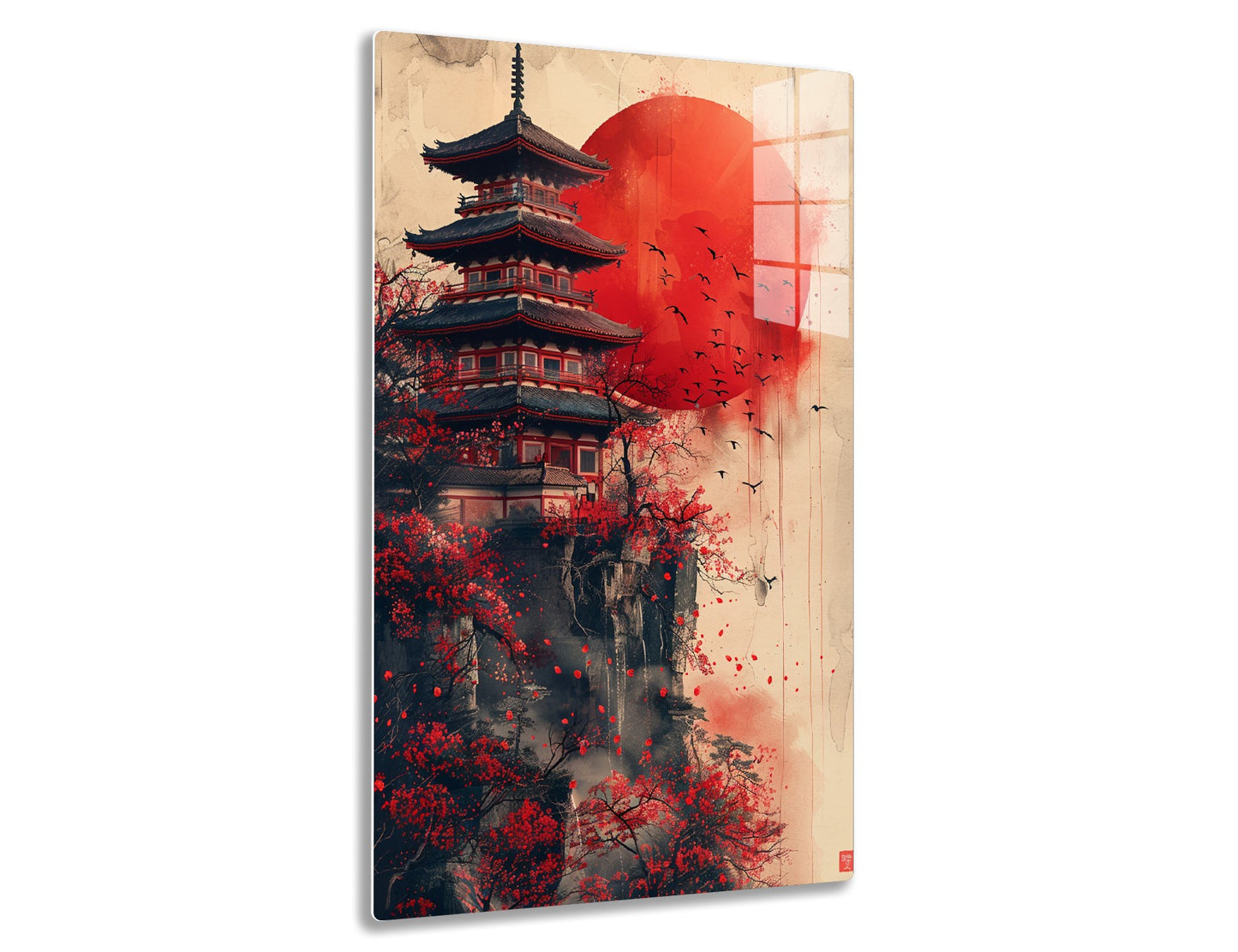 A Japanese pagoda tower surrounded by vibrant red foliage and birds flying across a large red sun, creating a dramatic and artistic scene blending traditional architecture with nature.
