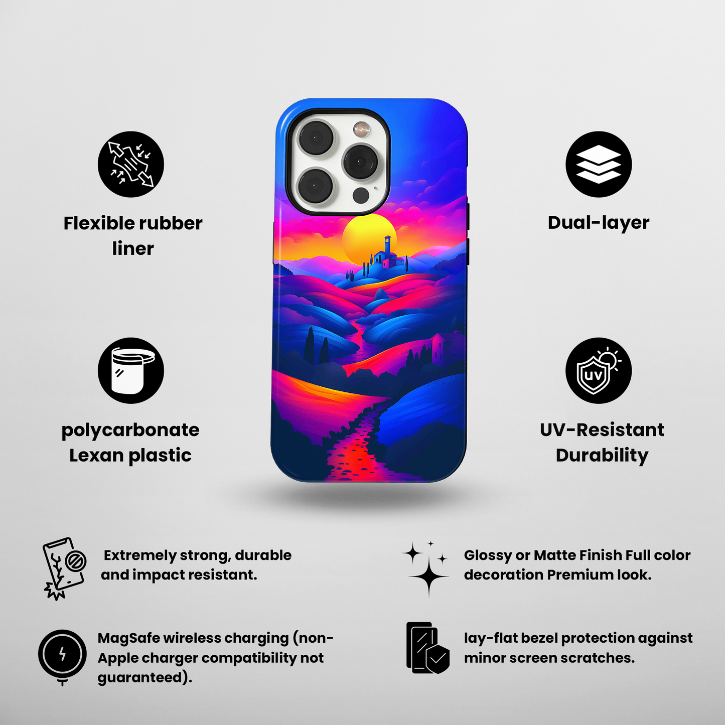 Sunset Serenity (iPhone MagSafe Case)Elevate your iPhone's protection and style with RimaGallery's Vivid sunset over rolling hills illustrated on iphone MagSafe Case against a dark backdrop. Enjoy dual-RimaGallery