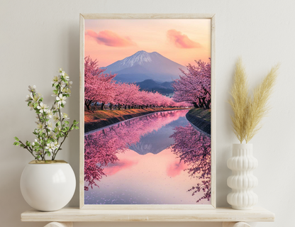 Mount Fuji framed by blooming cherry trees reflecting in a still lake at sunset.
